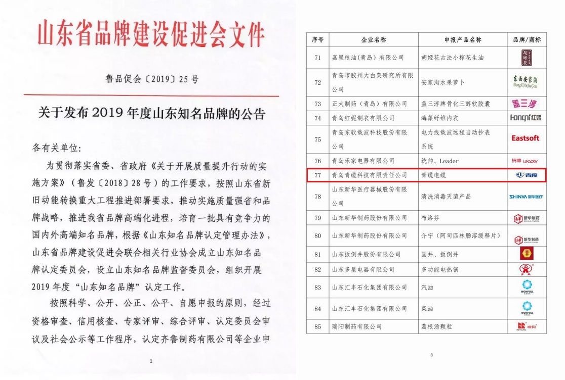 青纜牌電纜被認定為“山東知名品牌”(圖2)
